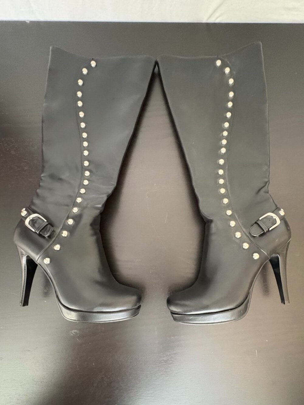 Italina Black Studded Knee High Stiletto Boots 8/8.5